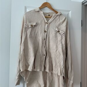 Free People Cream Button-Up Waffle Knit Top
